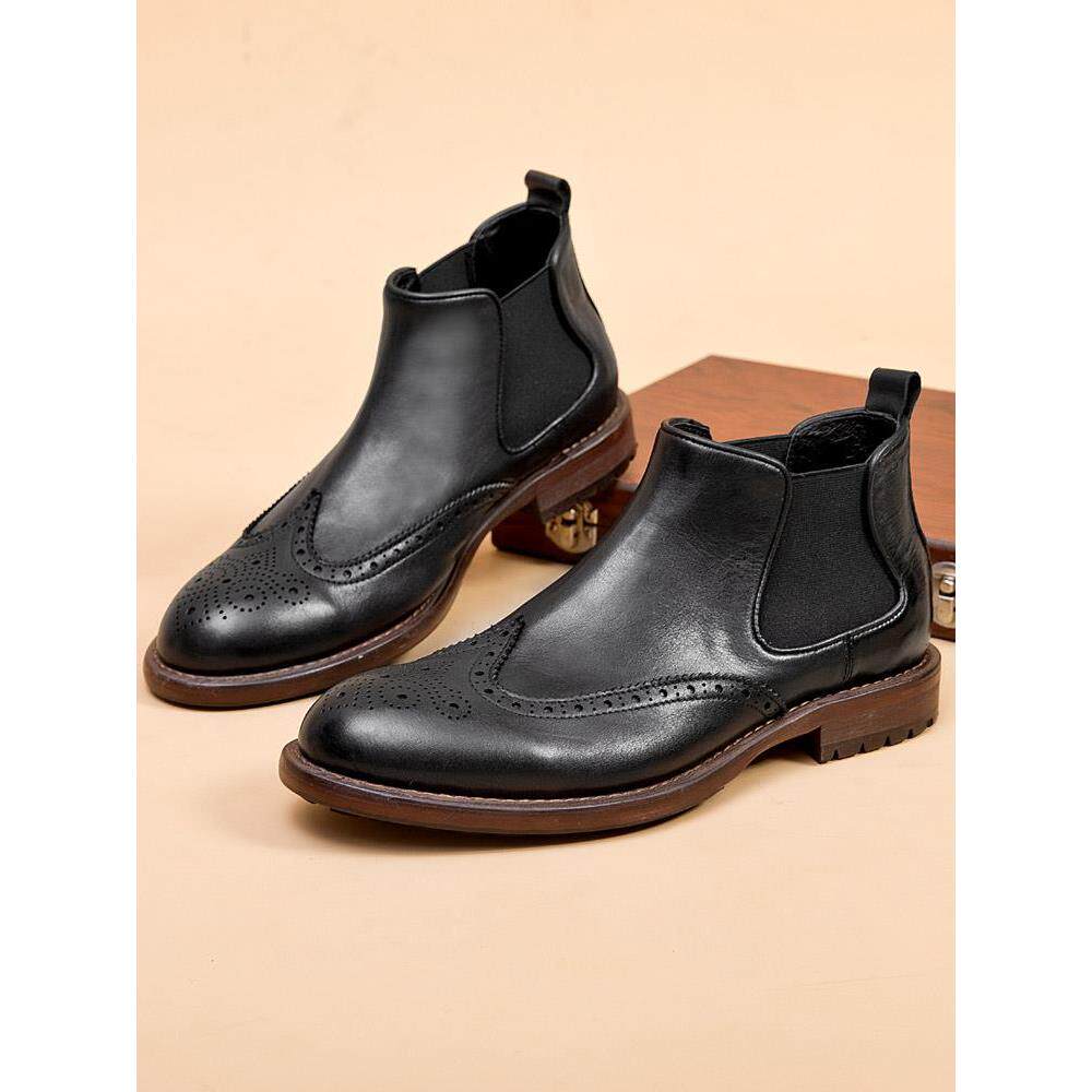 潮流高帮英伦风切尔西靴男士布洛克鞋冬季新款时尚真皮复古短靴子