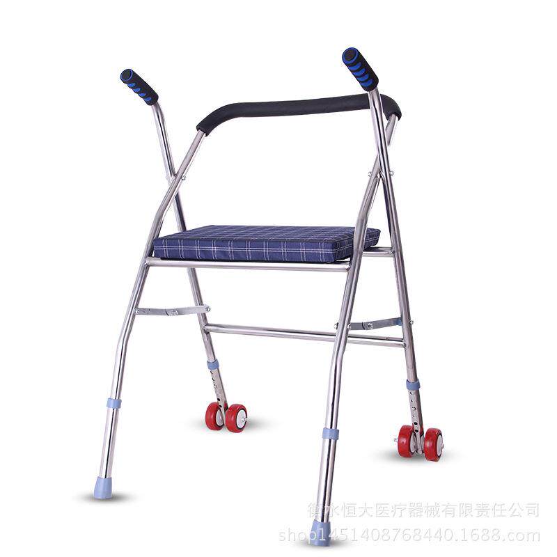 厂家直供老年人折叠助行器带座带轮老人四脚拐杖凳助步器手推车