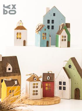 YBOX创意乡村田园木质小房子家居发光摆件挂饰圣诞装饰咖啡店饰品