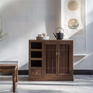 新中式茶水柜黑胡桃木实木茶水台茶边柜烧水柜储物柜客厅