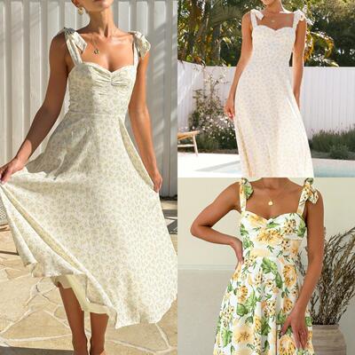 Women's dress with suspender, light yellow floral long