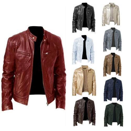 Men's men's leather jacket, men's teenage standing collar,