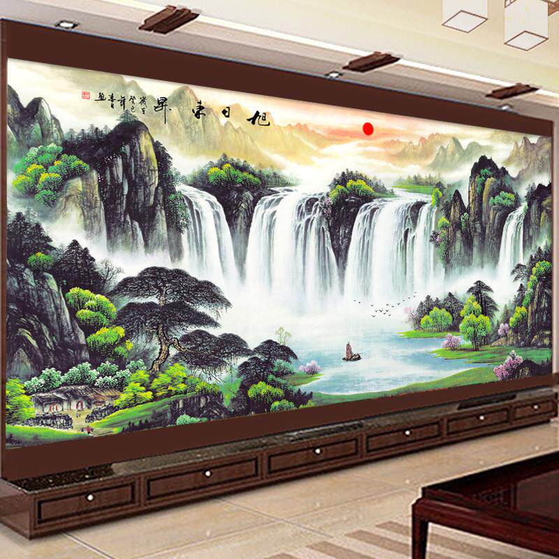 中式电视背景墙纸流水生财山水画聚宝盆自粘壁画客厅卧室办公室墙