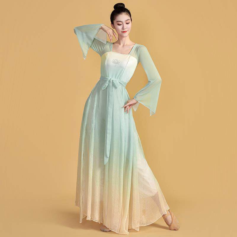 高档吕同款蔷行薇服花古舞典练功服舞蹈弹力修身粉色连衣裙艺考演