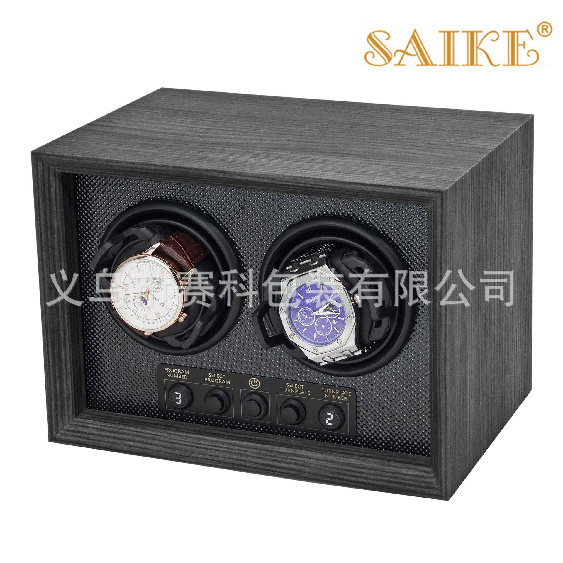 现货黑檀纹木质数码显示自动机械双表位摇表器腕表上链上弦表盒