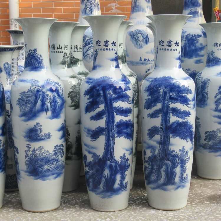 景德镇陶瓷落地大花瓶仿古墨绿迎客松大花瓶酒店家居装饰庆典摆件