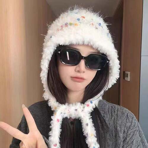 韩版ins彩色糖豆毛绒针织帽女秋冬保暖护耳毛线帽百搭显脸小帽子