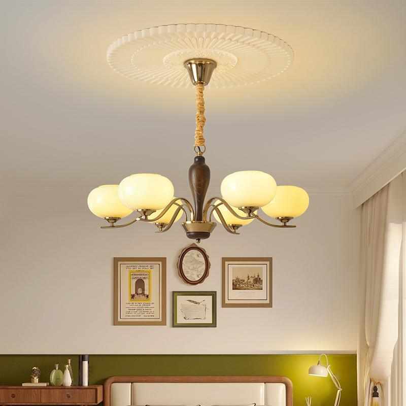 吊灯客厅灯中古轻奢魔豆灯法式高档餐厅灯美式复古胡桃木大厅灯具