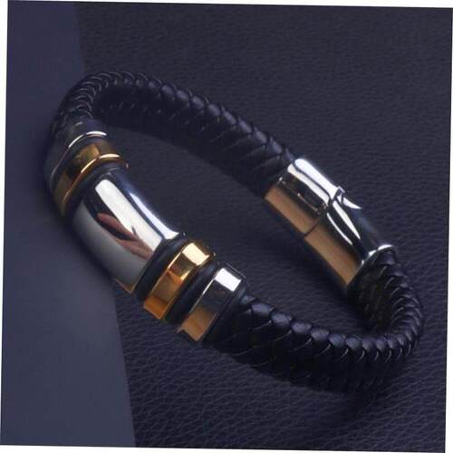 Classic Black Leather Wrap Bracelet for Men Metal Magnetic C