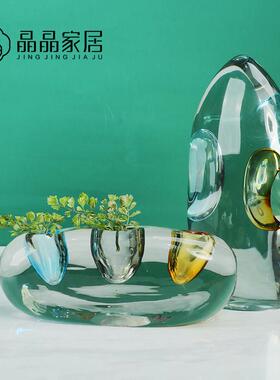 现代简约套色扎泡工艺高档水晶玻璃摆件办公室样板房软装饰品花瓶