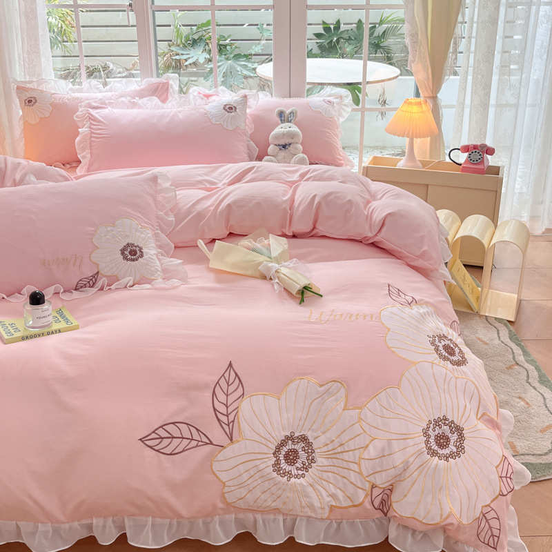 绣花水洗棉四件套家用大床公主风花边被套枕套加厚印花床上三件套