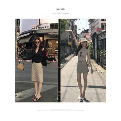 MULVAN 文艺帧间 复古格纹直筒包臀短裙女气质显瘦中长版半身裙