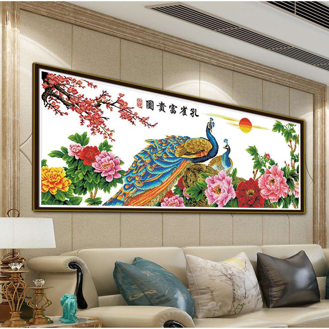 牡丹花孔雀富贵图十字绣新款客厅装饰挂画手工印花刺绣非满绣大幅