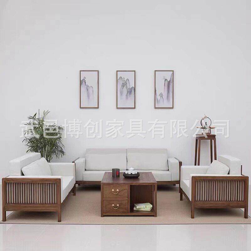 新中式布艺沙发组合黑胡桃禅意老榆木现中式罗汉床客厅家具实木