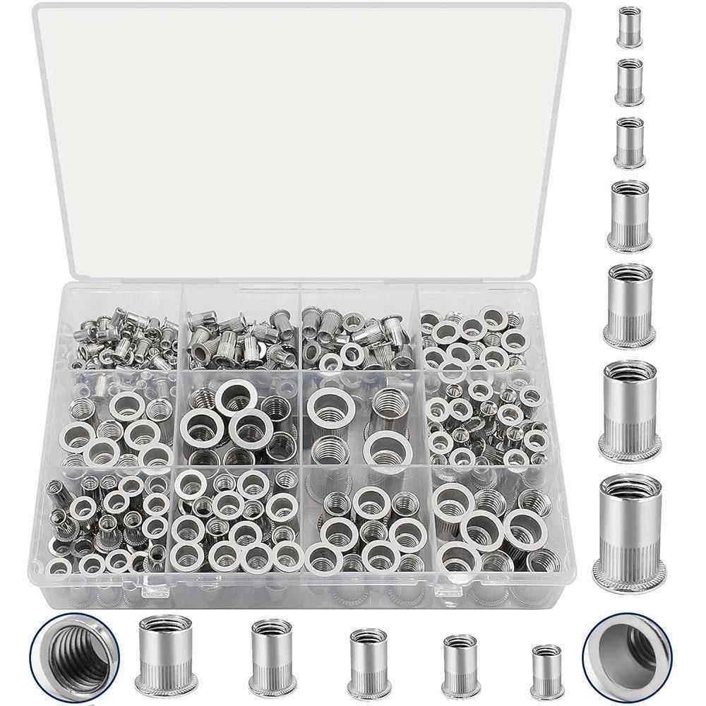 跨境 300PCS盒装 M3-M12/304不锈钢平头螺纹铆钉螺母组合套件