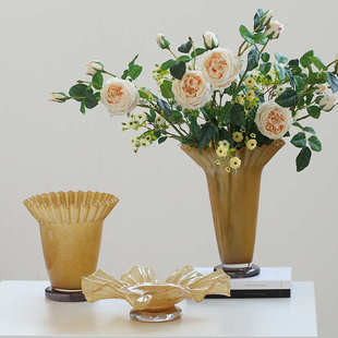 中古风创意大口荷叶边卷口褶皱琉璃花瓶软装 饰品 家居样板间客厅装