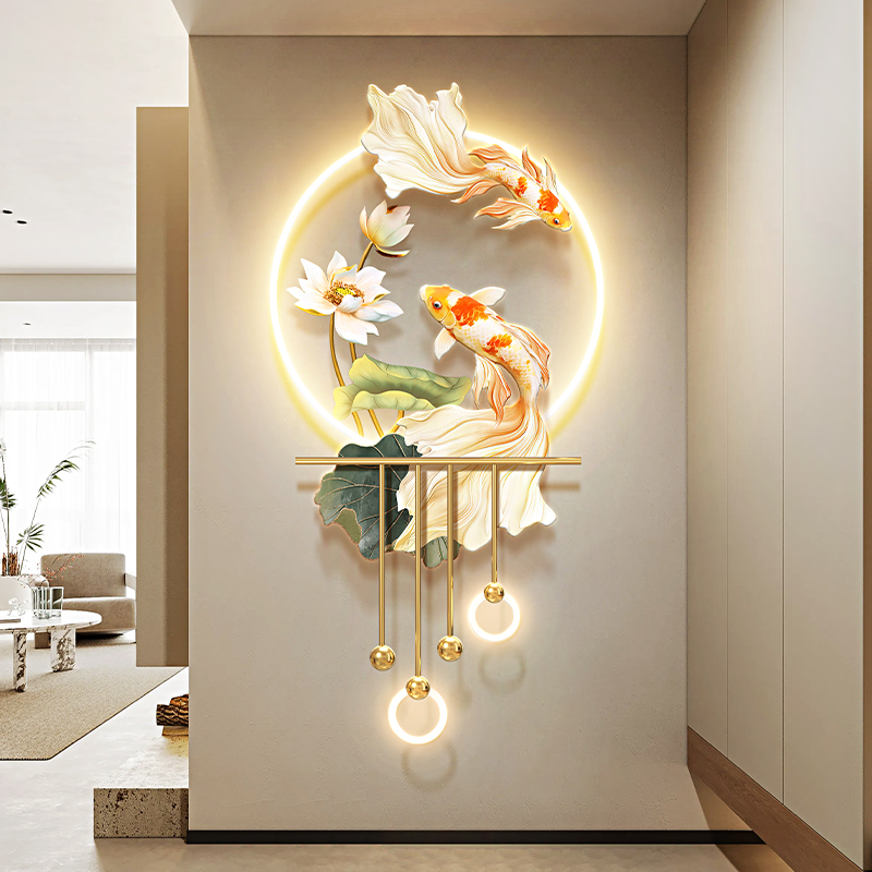 图入户发光走廊玄关挂画吊装饰画鱼带尽头九锦鲤立体坠灯壁画过道图片