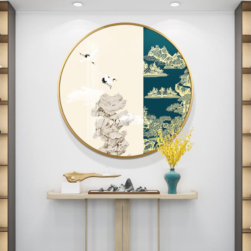 金碧山水 新中式玄关装饰画走廊过道挂画客厅挂画花鸟圆形壁画