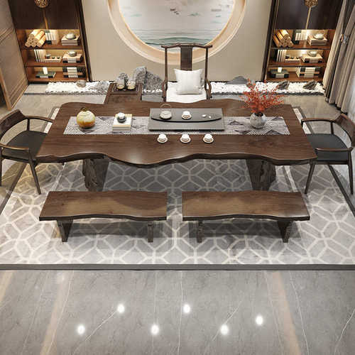 新中式自然边茶桌禅意茶楼整板多人泡茶桌办公室会客区休闲茶桌椅