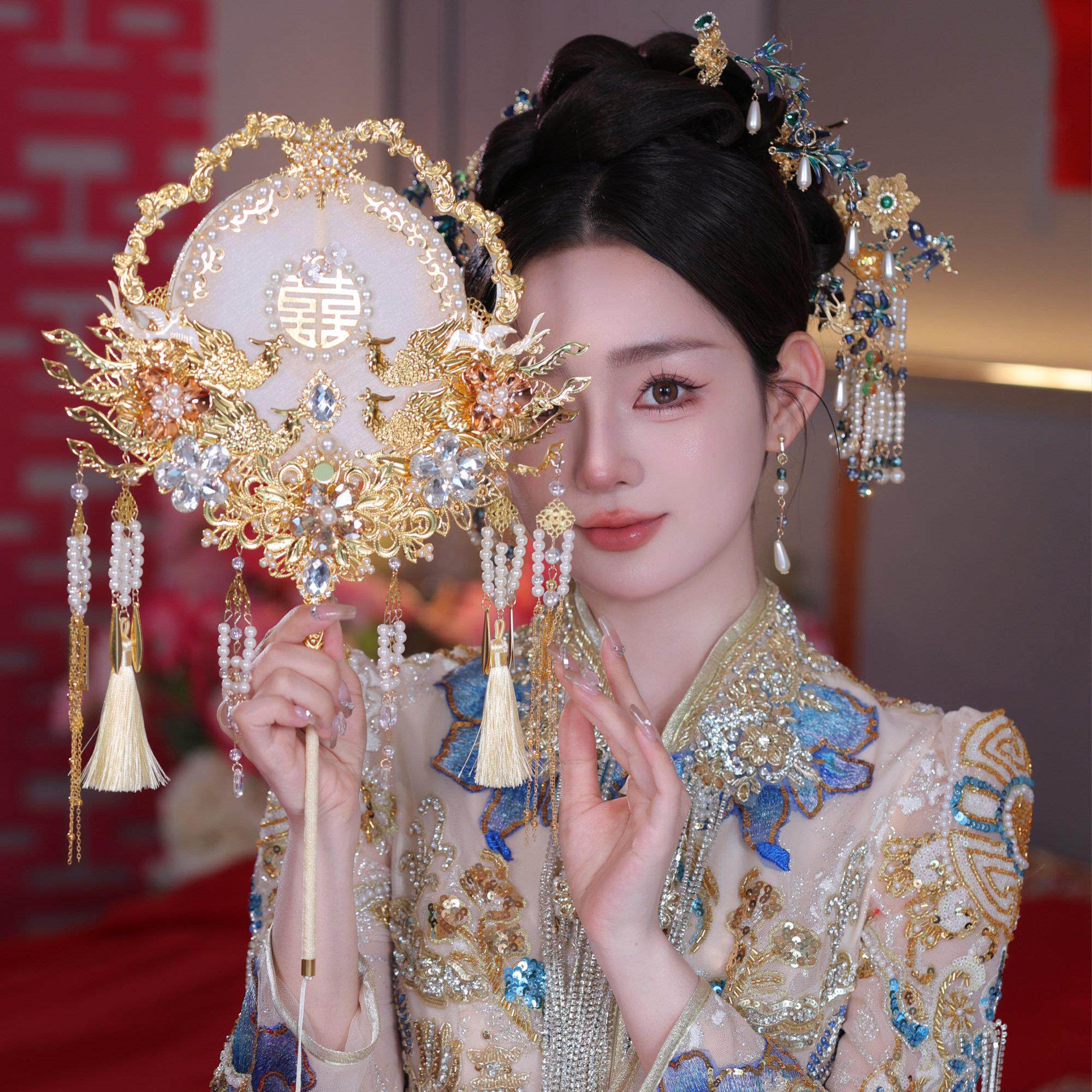 香槟色新娘结婚秀禾服团扇黑色架新中式双面成品遮面金色团扇9145