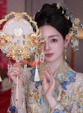 香槟色新娘结婚秀禾服团扇黑色架新中式双面成品遮面金色团扇9145