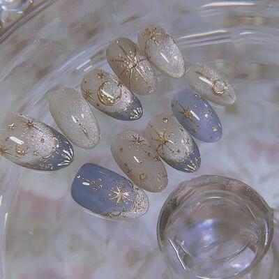 24pcs Romantic Y2k Star Press On Nails Gradient Blue French