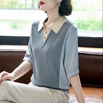 中年妈妈夏装洋气高贵小衫2024新款中老年女翻领冰丝短袖t恤上衣