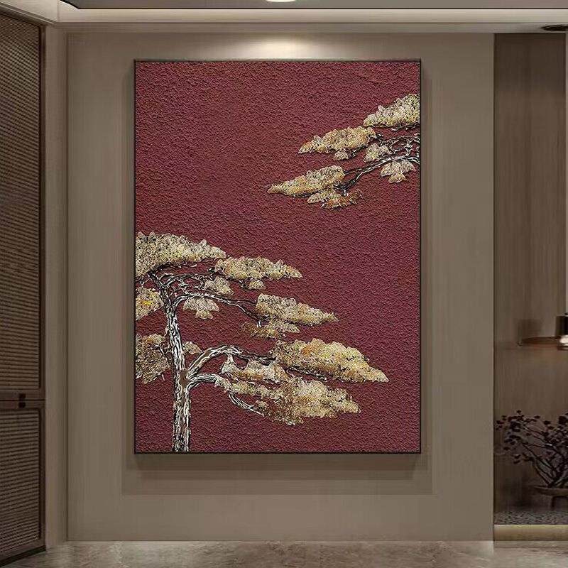纯手绘油画新中式迎客松玄关入户装饰画手工肌理客厅红色挂画过道