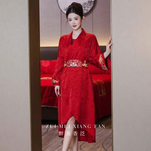 红色晨袍女新娘结婚高级新中式刺绣礼服气质名媛睡衣肚兜套装婚服