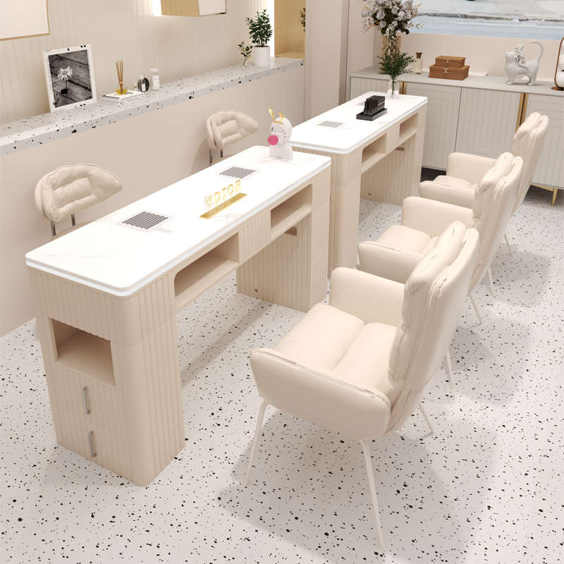 中国美业高端奶油风美甲桌椅套装大理石桌面自带吸尘器插座修甲台