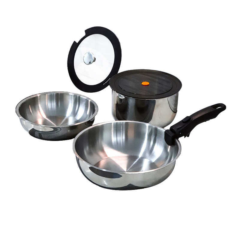 户外锅具不锈钢炒锅便携式可拆卸手柄锅4件套露营炊具套锅