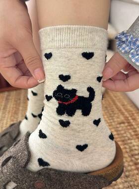 白色袜子女款可爱猫咪卡通春秋季纯棉堆堆袜百塔点子纱波点中筒袜