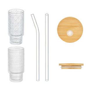 杯果汁玻璃冷浮雕高16oz萃杯珠创意点值颜叠叠水杯吸管海棠花