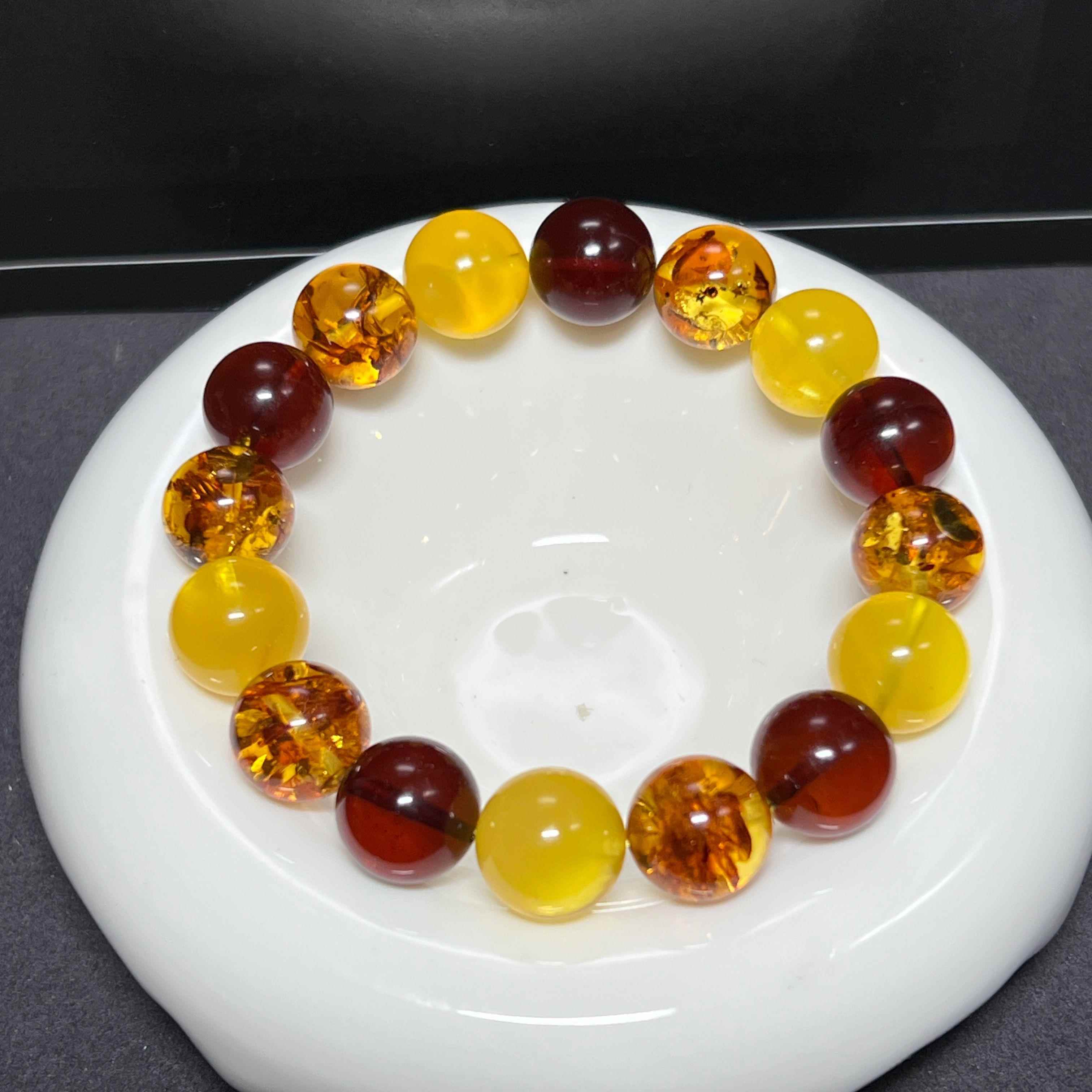 欧款波兰进口 天然花珀手串 鸡油黄蜜蜡血珀圆珠多宝手链 糖果色