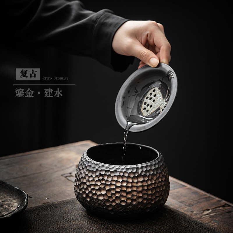 复古粗陶茶洗家用杯洗陶瓷手工水盂锤纹建水过滤茶渣桶茶道配件