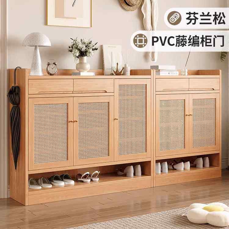 松木藤编鞋柜家用门口入户门玄关柜门外多层走廊用全实木收纳柜
