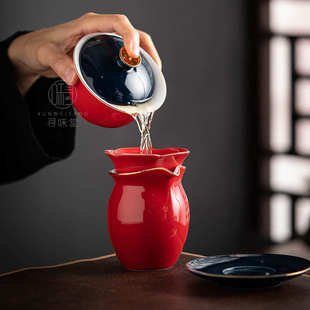 茶海分茶杯匀杯家用陶瓷功夫茶具 霁红釉描金公道杯｜寻味堂中式