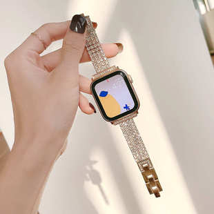個(gè)性 適用iwatch9 SE表帶蘋(píng)果iwatch7 s10表帶 四排鑲鉆時(shí)尚