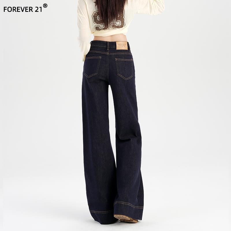 Forever 21美式丹宁蓝微喇阔腿牛仔裤女宽松垂感拖地喇叭裤子春秋