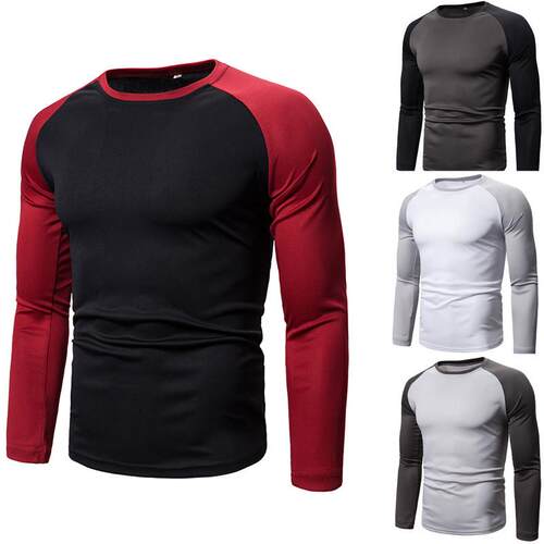 Men's long sleeved T-shirt with patchwork round neck