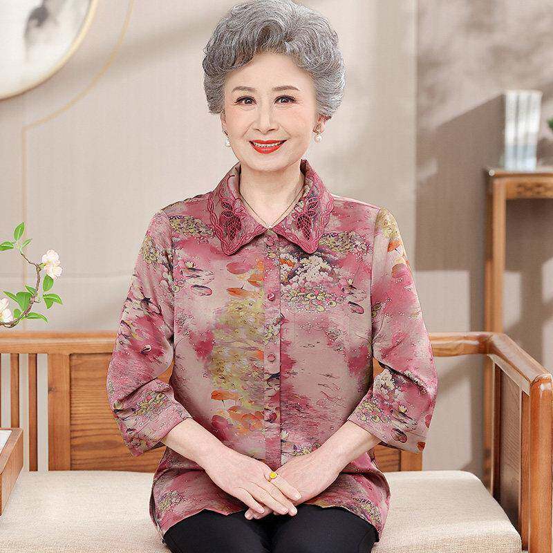 中老年人奶奶衬衫女开衫夏装桑蚕丝100%套装印花老太太真丝上衣薄