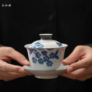 手绘海棠花三才盖碗单个泡茶碗家用陶瓷功夫茶具青花文人茶器盖碗