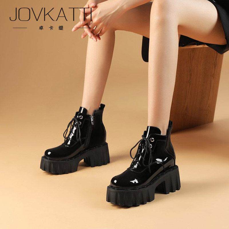 黑色漆皮马丁靴女春秋冬通用10cm内增高小皮鞋百搭加绒单鞋真皮