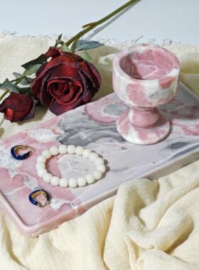 粉色轻奢风天然大理石粉澳宝粉色大理石托 托盘烛台摆件创意家居