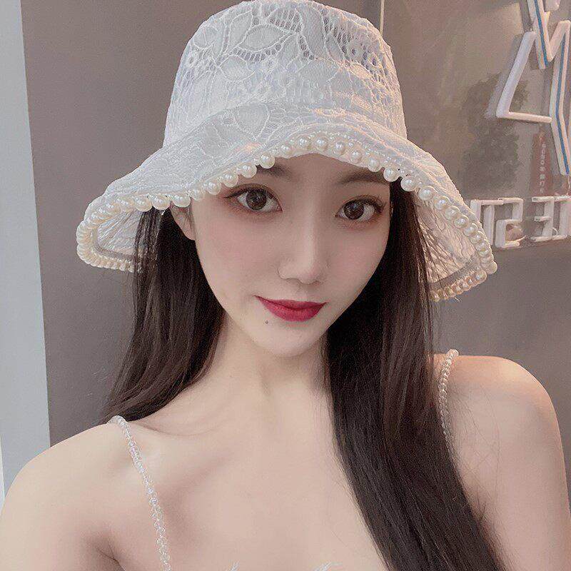 2025夏季白色蕾丝渔夫帽子女新款薄款镂空透气防晒遮阳帽珍珠盆帽