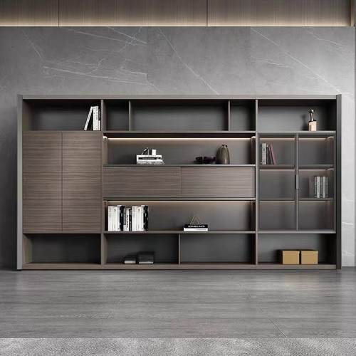 办公室老板办公桌E0级基材文件柜木质展示柜灯带设计靠墙落地柜子