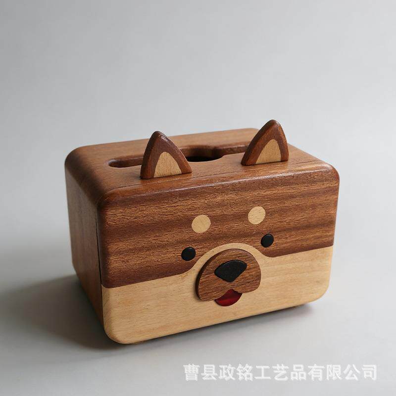 现货可爱柴犬实纸巾盒木家桌餐厅面纸巾收纳盒木TC251101制用卡通