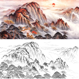 大幅山水画白描底稿五岳独尊泰山，鸿运当头国画线，稿练习宣纸打印稿