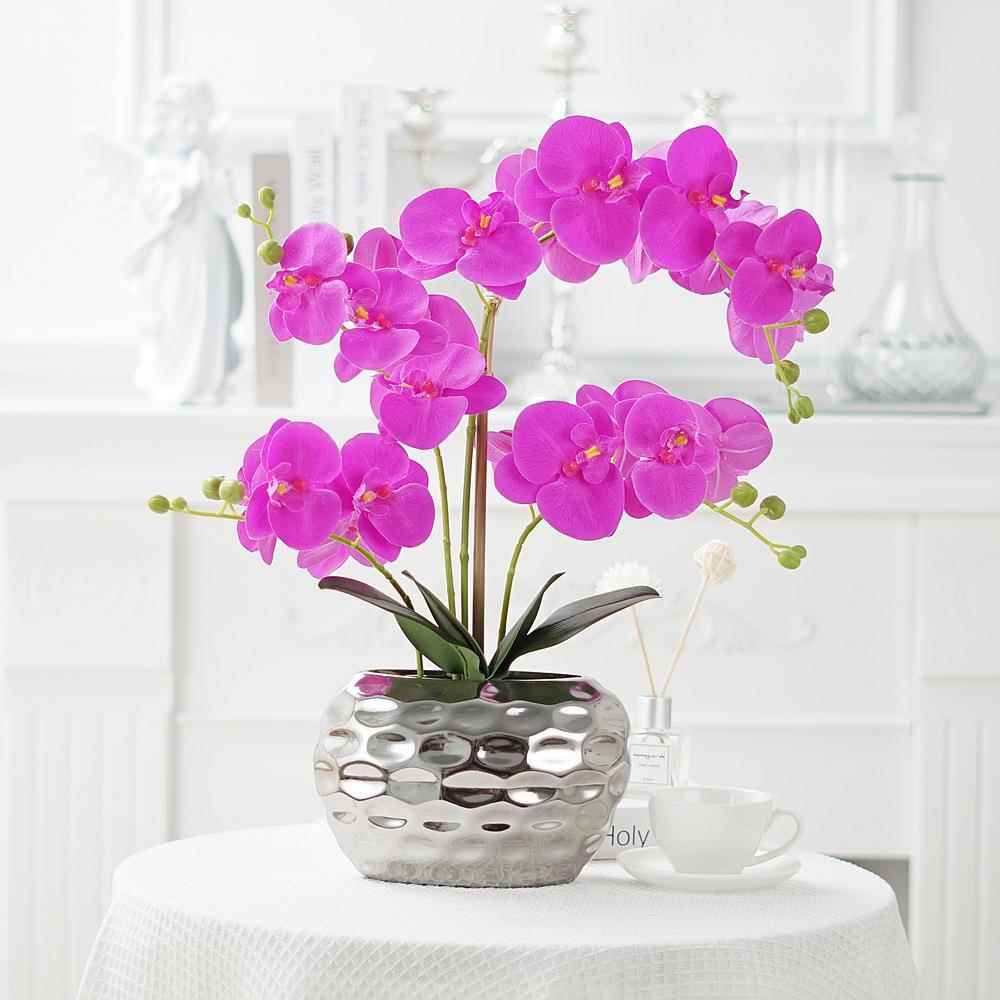 装仿真091-1332花蝴蝶客兰盆景假花盆感栽套陶瓷盆厅装饰过胶手绢