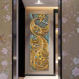 画新 画轻奢高级感饭厅挂画 梯木叠雕凤栖梧桐立体玄关客厅装 饰画